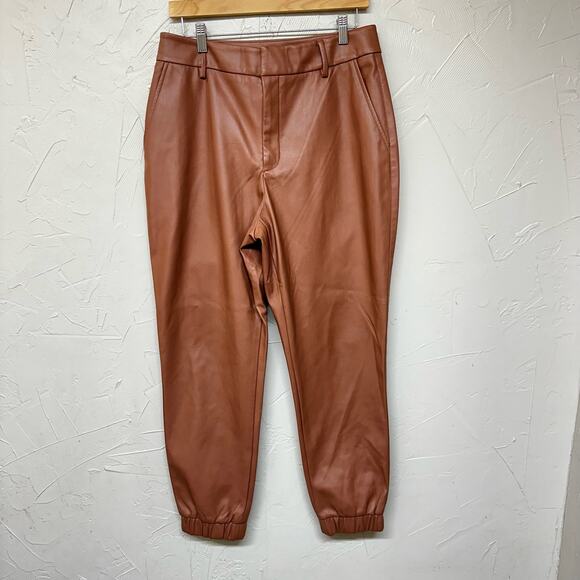 Bar III Camel Brown Colored Faux Leather Jogger Pants Size 12 Preppy Neutral - Picture 3 of 9